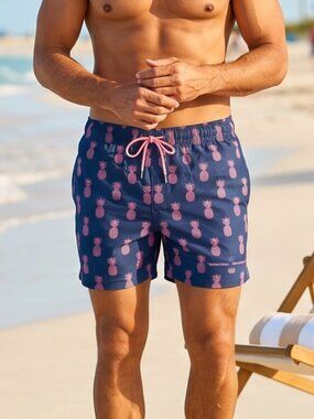 NWOT | Navy Pink Pineapple Print Swim Shorts Zipper Side Pockets & Back Pocket |